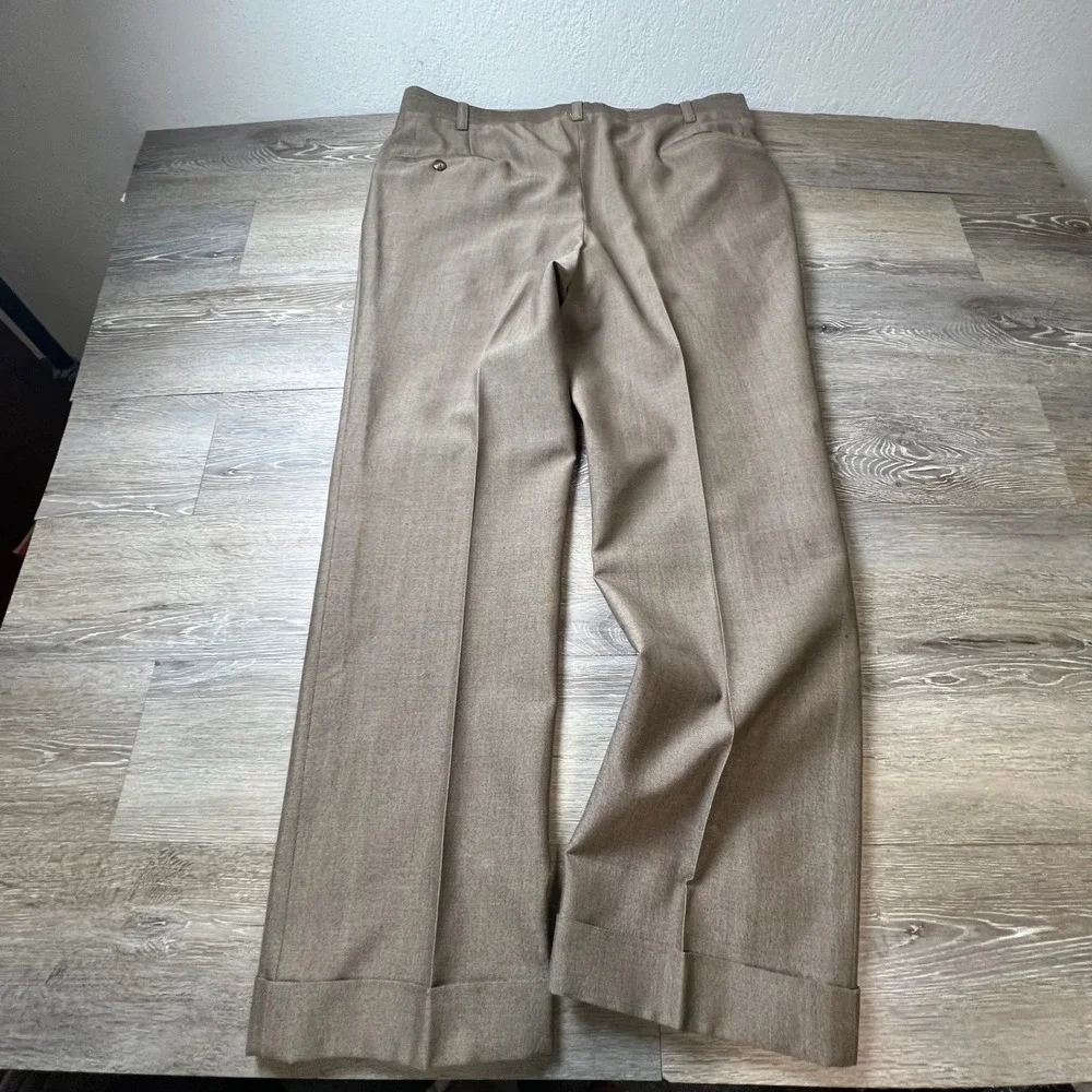 Vintage 1960s Dress Pants Mens 36x29 Brown Talon Zipper Cuffed Straight Trousers